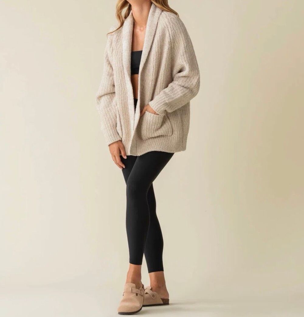 Kashwere Open Front Ribbed Shawl Collar Easy Cardigan wheat linen unisex large N